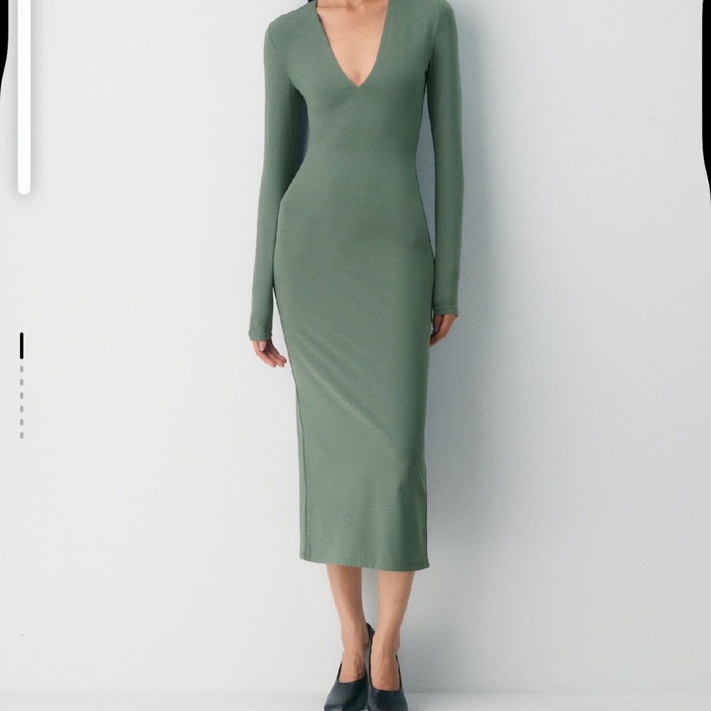 Aritzia Sage Green Long-Sleeve V-Neck Midi Dress